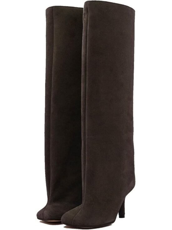 Shoes - Women's Brown Wide Calf Square Toe Stiletto Heels Tall Knee High Suede Boot